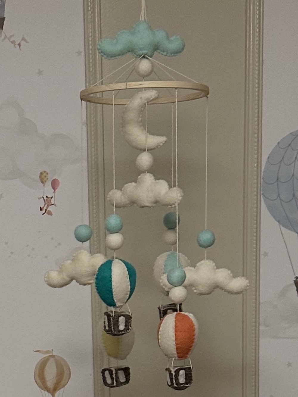 Handmade Felt Hot Air Balloon Baby Mobile - Teal, Orange & White